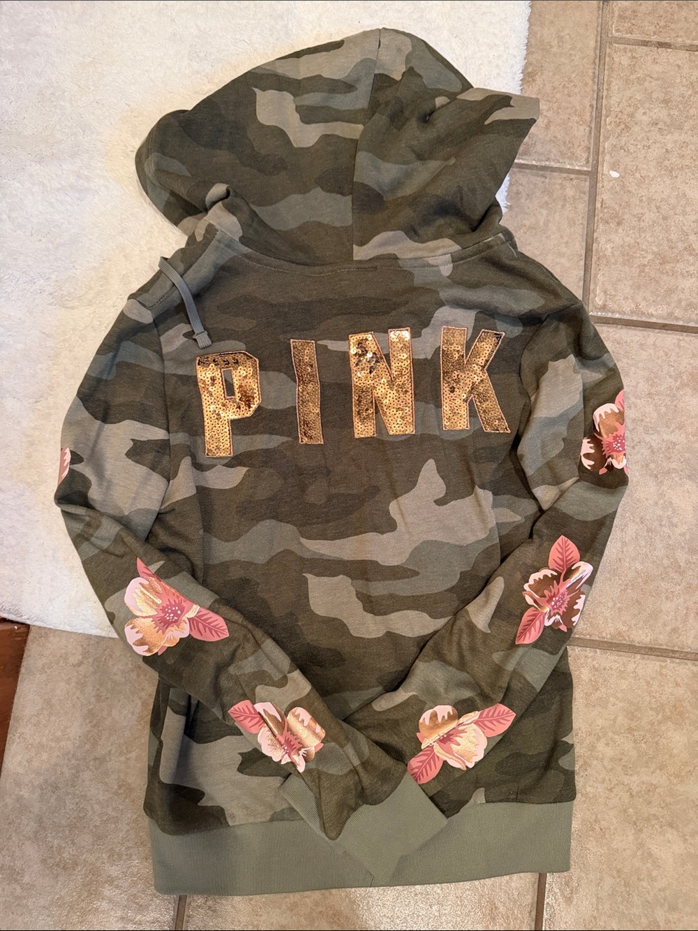 PINK Victoria's Secret Camo Hoodie with Gold Sequin Logo and Pink Floral Sleeves